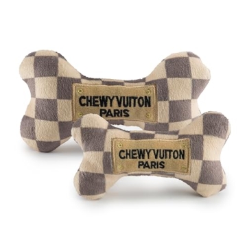 Haute Diggity Dog Checker Chewy Vuiton Bone, Plush Designer Dog Toys with Interactive Squeaker, Stimulating Pet Enrichment, Machine-Washable & Safe Materials for All Breeds, Size Medium