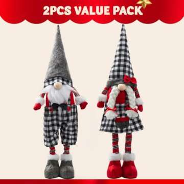 JOYIN 23” Standing Christmas Gnome Couple Decoration Retractable Legs Black Buffalo Style, Tomte Nordic Gnomes Christmas Indoor Decorations, Xmas gnome Decor, Christmas Party Gifts, Home Decorations