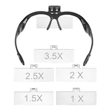 Beileshi Headhand Magnifier Glasses With 2 LED Professional Jeweler's Loupe Light Bracket and Headband are Interchangeable 5Lens Glass Magnifying Visor