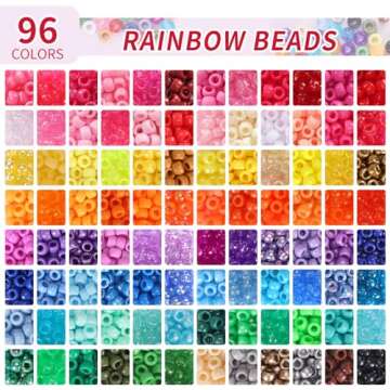 QUEFE 96 Colors 3000pcs Pony Beads Bracelet Making Kit Friendship Bracelet Kit Rainbow Kandi Beads with Letter and Heart Beads Elastic Threads for Jewelry Necklace Making