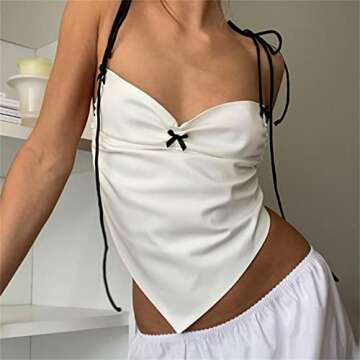 Women Sexy Y2K Low Cut Camisole Slim Fit Backless Spaghetti Straps Deep V Neck Lace Up Triangle Tank Crop Tops Solid Fairy Summer Streetwear White