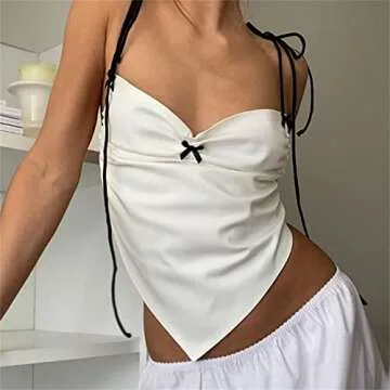 Women Sexy Y2K Low Cut Camisole Slim Fit Backless Spaghetti Straps Deep V Neck Lace Up Triangle Tank Crop Tops Solid Fairy Summer Streetwear White