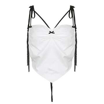 Women Sexy Y2K Low Cut Camisole Slim Fit Backless Spaghetti Straps Deep V Neck Lace Up Triangle Tank Crop Tops Solid Fairy Summer Streetwear White