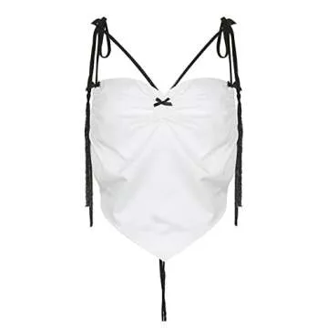 Women Sexy Y2K Low Cut Camisole Slim Fit Backless Spaghetti Straps Deep V Neck Lace Up Triangle Tank Crop Tops Solid Fairy Summer Streetwear White