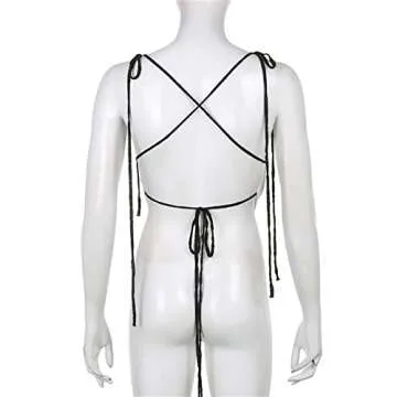 Women Sexy Y2K Low Cut Camisole Slim Fit Backless Spaghetti Straps Deep V Neck Lace Up Triangle Tank Crop Tops Solid Fairy Summer Streetwear White