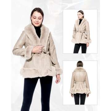 GRAN ORIENTE Faux Leather Jacket for Women with Faux Fur Collar Long Sleeve Fuzzy Parka Overcoat with Warm Trimmed Winter Peplum Coat Belted (GK007 Beige XL)