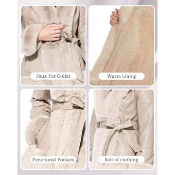 GRAN ORIENTE Faux Leather Jacket for Women with Faux Fur Collar Long Sleeve Fuzzy Parka Overcoat with Warm Trimmed Winter Peplum Coat Belted (GK007 Beige XL)