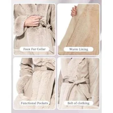 GRAN ORIENTE Faux Leather Jacket for Women with Faux Fur Collar Long Sleeve Fuzzy Parka Overcoat with Warm Trimmed Winter Peplum Coat Belted (GK007 Beige XL)