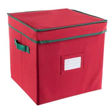 Christmas Decor Storage Box - Red Oxford Canvas Ornament Cube Chest With 64 Compartment Dividers, Riveted Handles, and Lid by Elf Stor