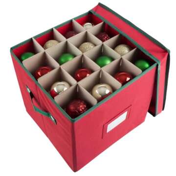 Christmas Decor Storage Box - Red Oxford Canvas Ornament Cube Chest With 64 Compartment Dividers, Riveted Handles, and Lid by Elf Stor