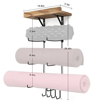 Bikoney Yoga Mat Holder for Home Gym with Shelves and Hooks