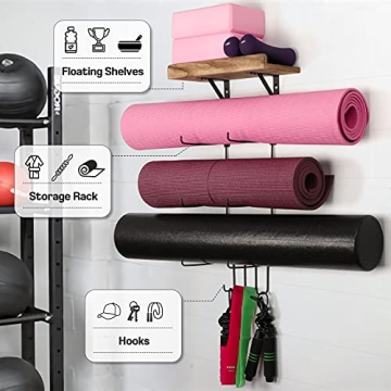 Bikoney Yoga Mat Holder for Home Gym with Shelves and Hooks