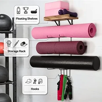 Bikoney Yoga Mat Holder for Home Gym with Shelves and Hooks