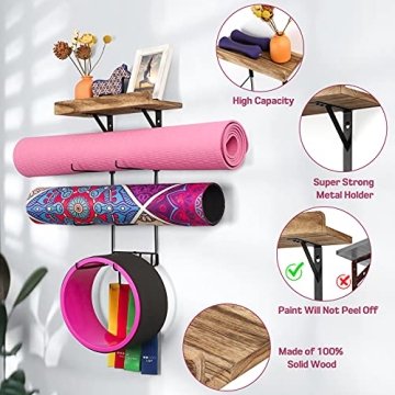 Bikoney Yoga Mat Holder for Home Gym with Shelves and Hooks