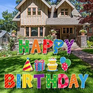 17 Pieces Happy Birthday Yard Sign 16 Inch Birthday Letters Lawn Sign Colorful Birthday Yard Decoration with Stakes Cake Balloon Waterproof Garden Lawn Decor for Outdoor Birthday Party Supplies