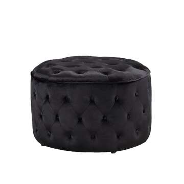Iconic Home Batya Ottoman Button Tufted Velvet Upholstered Round Pouf Modern Contemporary, Black