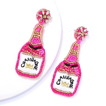 Beaded Champagne Bottle Earrings for Women Handmade Bead Champagne Drop Dangle Earring Statement Earring Studs for Birthday Holiday Parties Gifts (Rose Red)