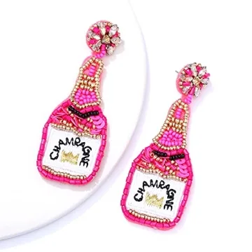 Beaded Champagne Bottle Earrings for Women Handmade Bead Champagne Drop Dangle Earring Statement Earring Studs for Birthday Holiday Parties Gifts (Rose Red)
