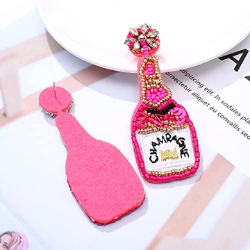 Beaded Champagne Bottle Earrings for Women Handmade Bead Champagne Drop Dangle Earring Statement Earring Studs for Birthday Holiday Parties Gifts (Rose Red)