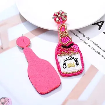 Beaded Champagne Bottle Earrings for Women Handmade Bead Champagne Drop Dangle Earring Statement Earring Studs for Birthday Holiday Parties Gifts (Rose Red)