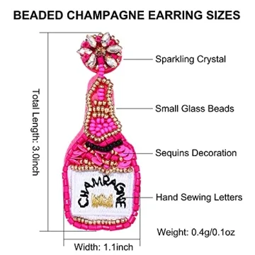 Beaded Champagne Bottle Earrings for Women Handmade Bead Champagne Drop Dangle Earring Statement Earring Studs for Birthday Holiday Parties Gifts (Rose Red)