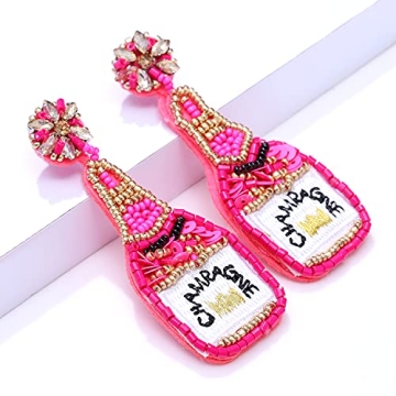 Beaded Champagne Bottle Earrings for Women Handmade Bead Champagne Drop Dangle Earring Statement Earring Studs for Birthday Holiday Parties Gifts (Rose Red)