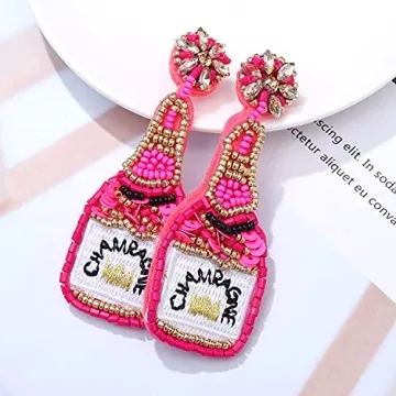 Beaded Champagne Bottle Earrings for Women Handmade Bead Champagne Drop Dangle Earring Statement Earring Studs for Birthday Holiday Parties Gifts (Rose Red)
