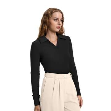 WIHOLL Business Casual Tops for Women V Neck Shirts Office Wear for Women 2024 Black Polo Shirts L