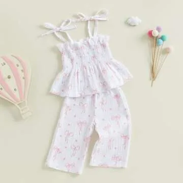 Aiwpstoin Toddler Baby Girl Clothes Tie-Up Strap Ruffle Camisole Tops Linen Pants Set Little Girls Summer Outfits (White, 6-9 Months)