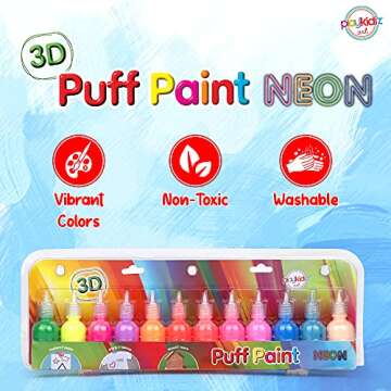 Playkidiz Puff Paint, 12 Pack 3-D Fabric Neon Paint Set, Kid Safe Non-toxic!