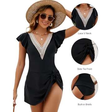 Blooming Jelly Women's Tummy Control Swimsuits One Piece Black Plus Size Bathing Suit Ruffle Retro Swim Dress（Black, Medium