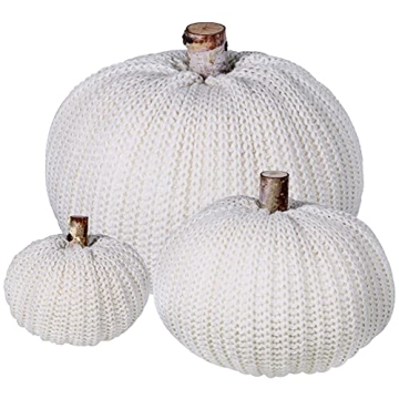 Set of 3 Faux Decorative Beige Pumpkins Crochet Pumpkins Knit Pumpkins Foam Pumpkins for Rustic Farm...