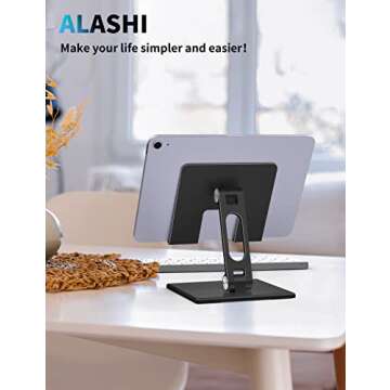 ALASHI Tablet Stand for Desk, Stable Tablet Holder with Heavy and Thickened Metal Base for Large Tablet Device, Multi-Angles Adjustable and Foldable, Universal Supports 4-13.3 Inches Tablet, Black