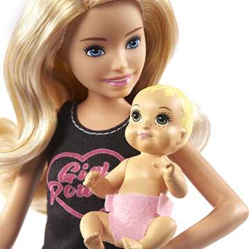 Barbie Skipper Babysitters Inc Set with Blonde Doll in 'Girl Power' Top, Baby Doll & 4 Accessories