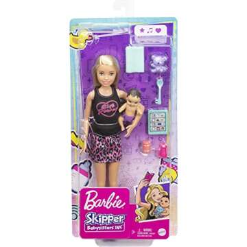 Barbie Skipper Babysitters Inc Set with Blonde Doll in 'Girl Power' Top, Baby Doll & 4 Accessories