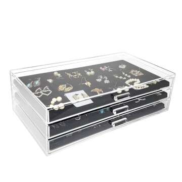 Ikee Design Large Premium Acrylic Jewelry Organizer with 3 Drawers, Transparent & Velvet Padding