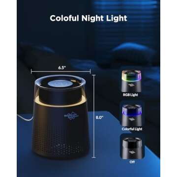 MSB5 Air Purifiers for Bedroom, H13 True HEPA Air Purifier for Home Room Office, 20dB Quiet Air Cleaner with Sleep Mode Colorful Night Light for Pets Dander Pollen Mold (Black)