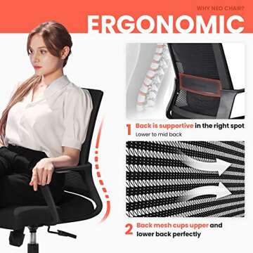 NEO CHAIR Office Desk Chair Ergonomic Mid Back Mesh with Lumbar Support Comfy Cushion Swivel Adjustable Height Gaming Chairs for Home Office (Black)