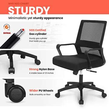 NEO CHAIR Office Desk Chair Ergonomic Mid Back Mesh with Lumbar Support Comfy Cushion Swivel Adjustable Height Gaming Chairs for Home Office (Black)