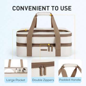 TOURIT Double Decker Insulated Casserole Carrier for Hot or Cold Food Expandable Thermal Food Carrier for Picnic Cookouts Potluck Parties Fits 9" x 13" Baking Dish