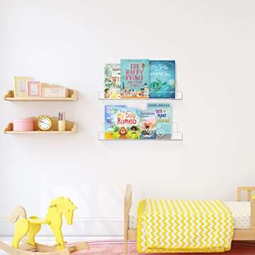 Dezzer Acrylic Floating Shelves, 6 Pack 15" Invisible Shelf Wall Ledge Bookshelf Bedroom Bathroom Ki...