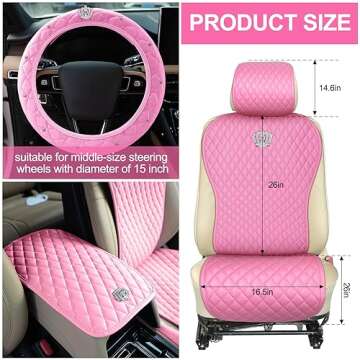 Tallew 14 Pcs Pink Car Accessories Set Leather Diamond Seat Cover Steering Wheel Cover with Center C...