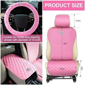 Tallew 14 Pcs Pink Car Accessories Set Leather Diamond Seat Cover Steering Wheel Cover with Center C...