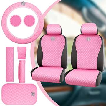 Tallew 14 Pcs Pink Car Accessories Set Leather Diamond Seat Cover Steering Wheel Cover with Center Console Pad Cup Holders Gear Protection for Women Car Interior Decor(Front Set)