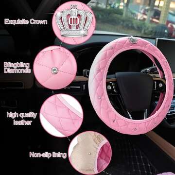 Tallew 14 Pcs Pink Car Accessories Set Leather Diamond Seat Cover Steering Wheel Cover with Center Console Pad Cup Holders Gear Protection for Women Car Interior Decor(Front Set)