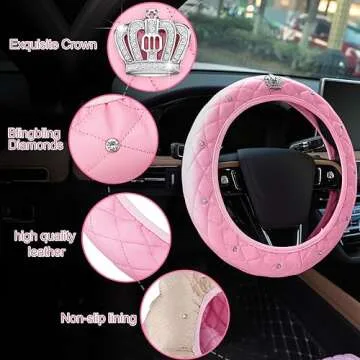 Tallew 14 Pcs Pink Car Accessories Set Leather Diamond Seat Cover Steering Wheel Cover with Center Console Pad Cup Holders Gear Protection for Women Car Interior Decor(Front Set)