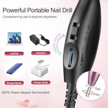 Melodly Electric Nail Drill, Professional Acrylic Nail Drill Machine for Gel, Acrylic Nails, Portable USB Electric Nail File Efile Set with Iridescent Nail Drill Bits, Manicure Pedicure Nail Tools