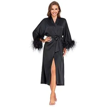 EverLove Silk Robes For Women Satin Kimono Bridal Robe with Ostrich Feather Long Bathrobe Bridesmaid Party Sleepwear White One Size