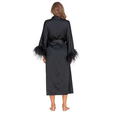 EverLove Silk Robes For Women Satin Kimono Bridal Robe with Ostrich Feather Long Bathrobe Bridesmaid Party Sleepwear White One Size