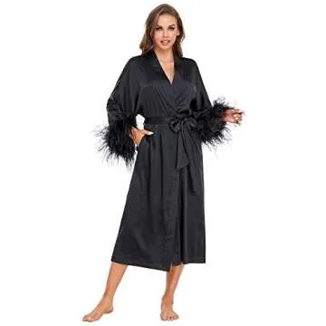 EverLove Silk Robes For Women Satin Kimono Bridal Robe with Ostrich Feather Long Bathrobe Bridesmaid Party Sleepwear White One Size
